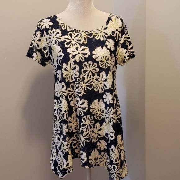 Mishca Tunic Top Sh-Slv Navy/ Wt/ Yellow EUC Md - Picture 1 of 8